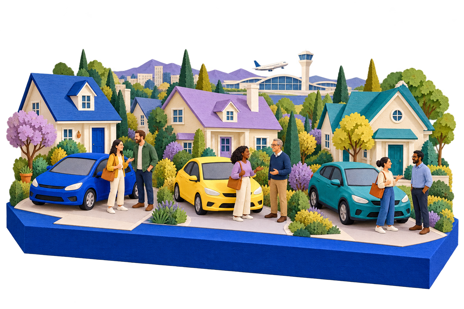 A paper pop-up neighborhood with houses, neighbors and three parked cars